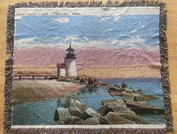 Jacquard Weave Cotton Throw Blanket Of Nantucket's Brant Point Light