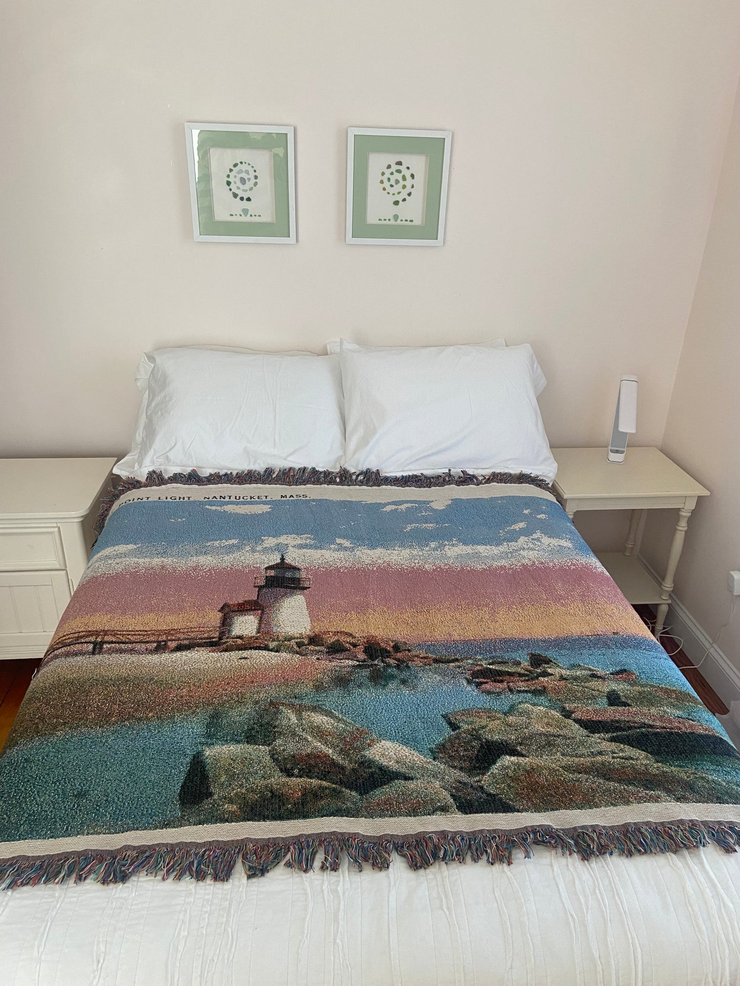 Jacquard Weave Cotton Throw Blanket Of Nantucket's Brant Point Light