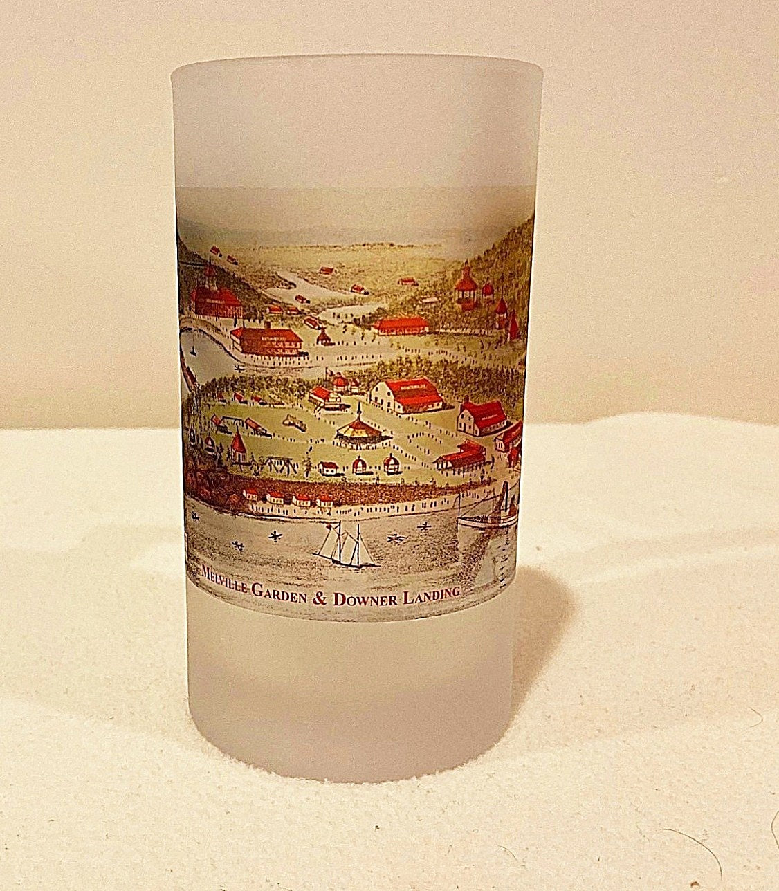 Colorful Frosted Glass Beer Mug Of Downer's Landing - Melville Garden In Hingham, Massachusetts