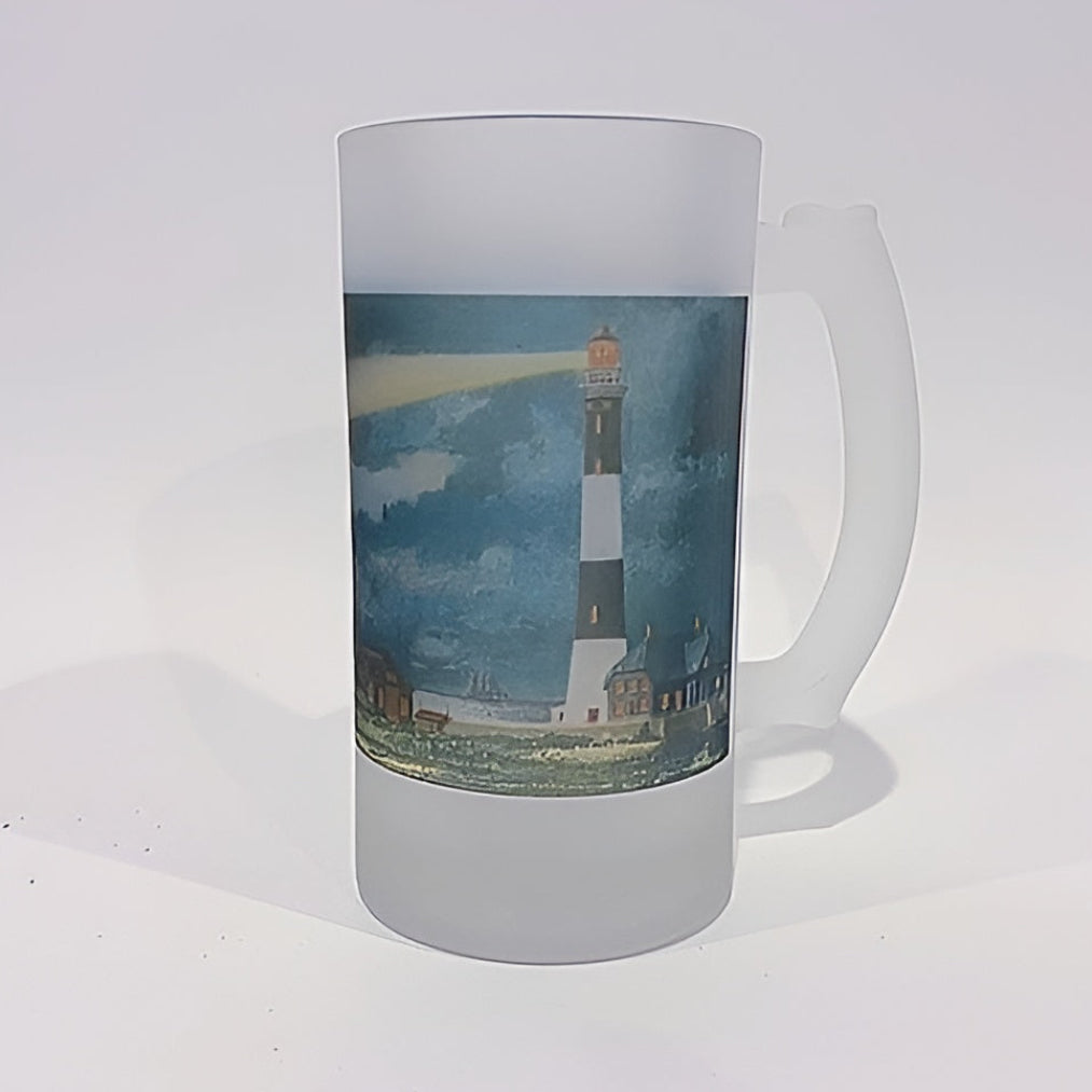 Fire Island Light House Hand Colored Postcard Circa 1900 As Colorful Frosted Glass Beer Mug