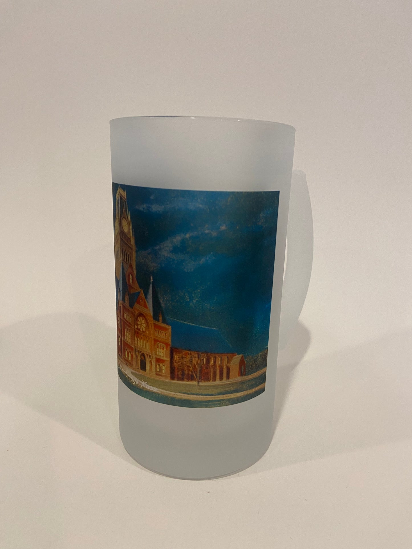 Colorful Frosted Glass Beer Mug of Harvard's Memorial Hall in Cambridge, MA