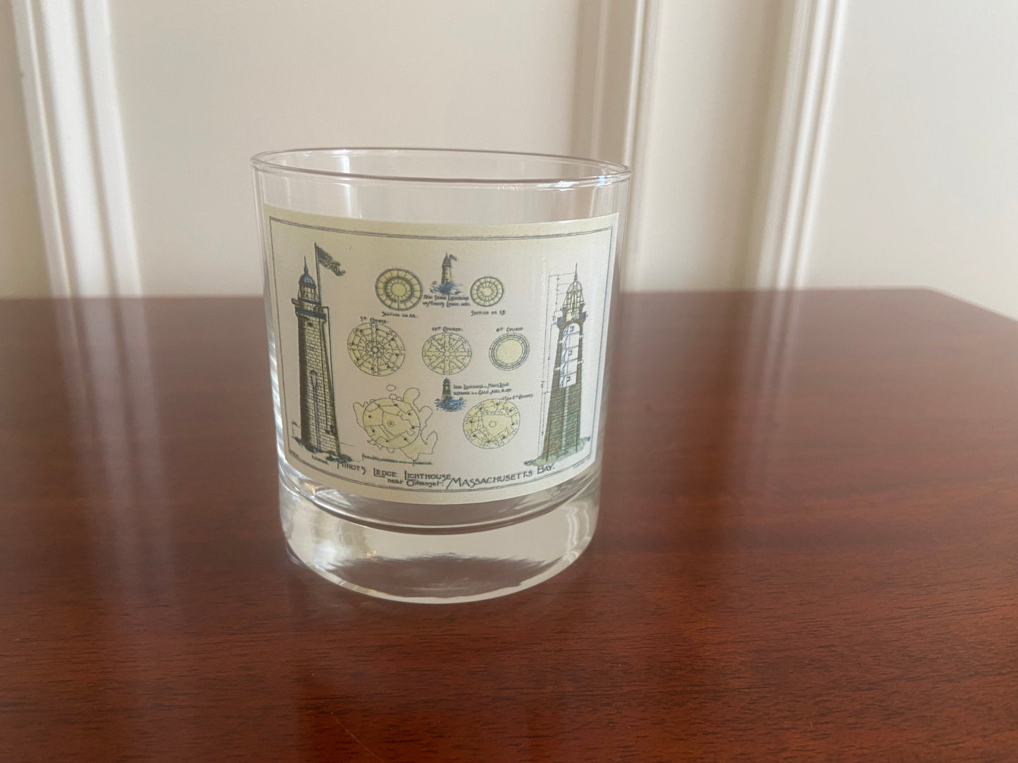 Minot Light Rocks Glass Sets Of 4 Featuring Famous Lighthouse's Architectural Diagram
