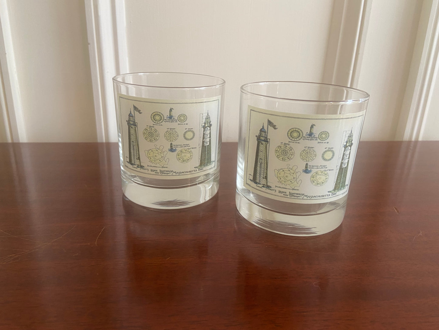 Minot Light Rocks Glass Sets Of 4 Featuring Famous Lighthouse's Architectural Diagram