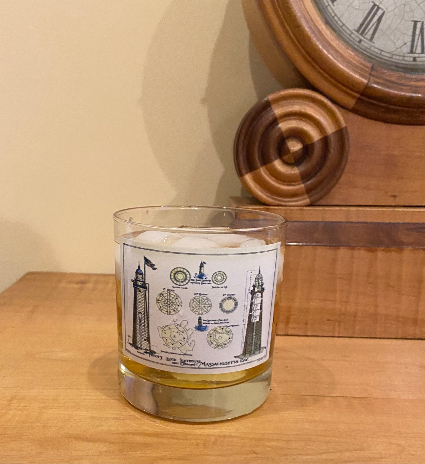 Minot Light Rocks Glass Sets Of 4 Featuring Famous Lighthouse's Architectural Diagram