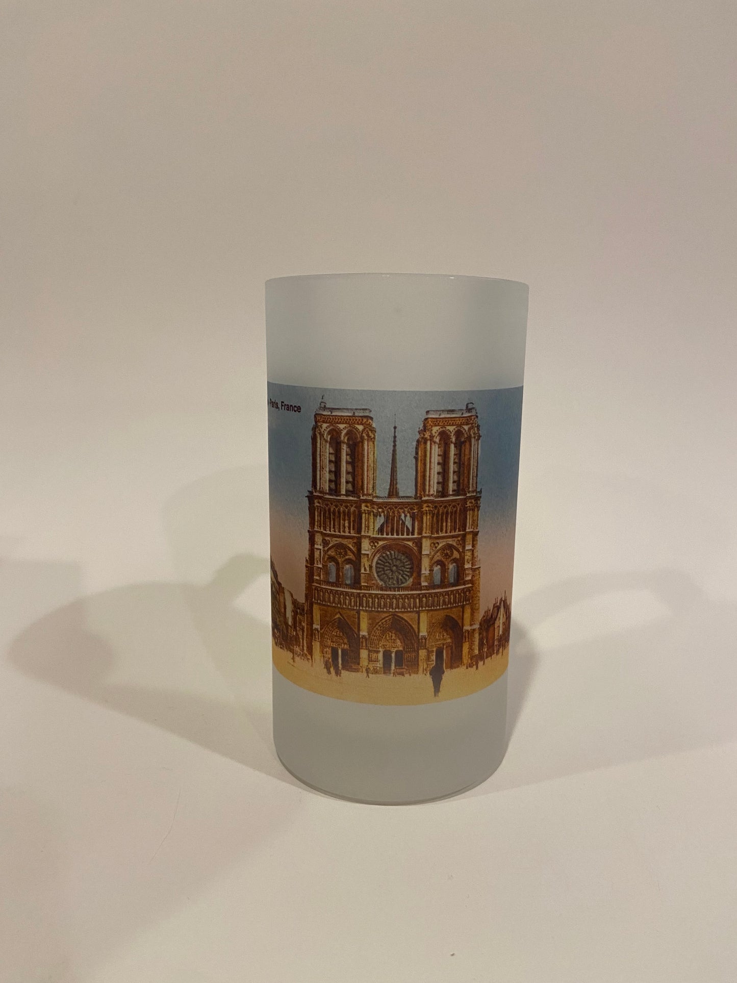 Colorful Frosted Glass Beer Mug of Notre Dame Cathedral in Paris