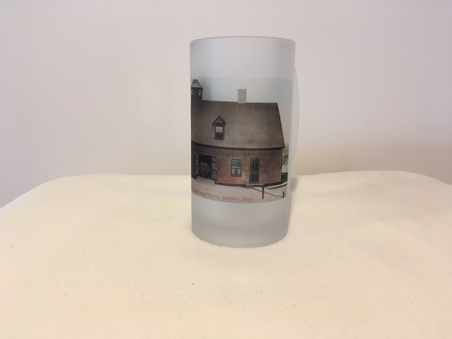 Colorful Frosted Glass Beer Mug of USLS Station And Crew Cahoon Hollow In Wellfleet, MA.