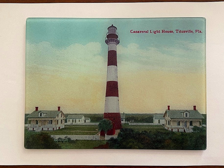 Canaveral Lighthouse in Titusville, Florida As A Brightly Colored Tempered Glass Cutting Board.