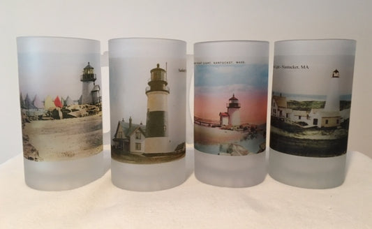 Colorful Frosted Glass Mug Set of Four Nantucket Lighthouse Views - That Fabled Shore Home Decor