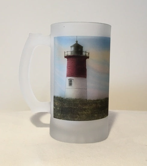 Colorful Frosted Glass Mug Of Nauset Light on Cape Cod - That Fabled Shore Home Decor