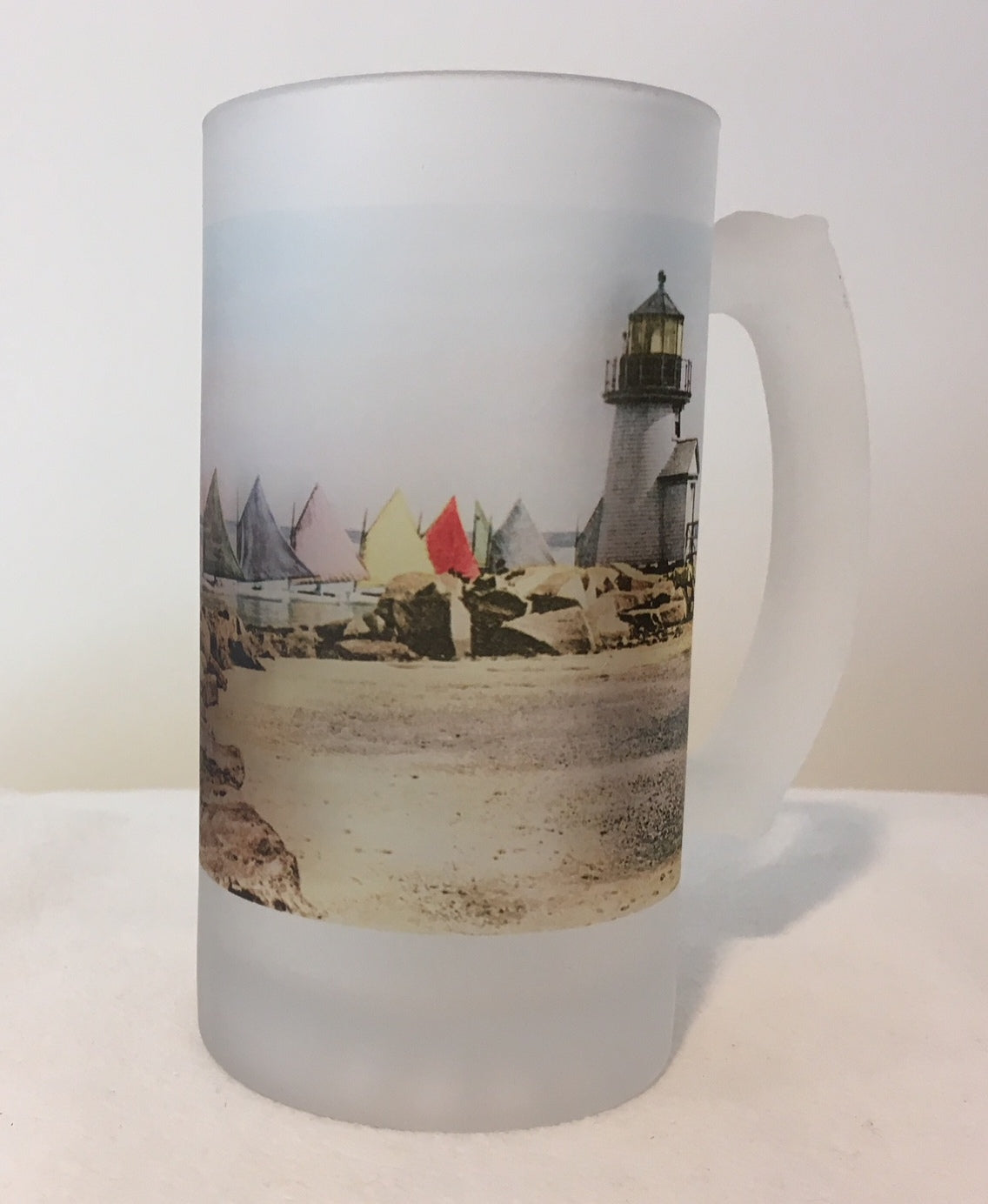 Colorful Frosted Glass Beer Mug of Nantucket's Rainbow Fleet Rounding Brant Point - That Fabled Shore Home Decor