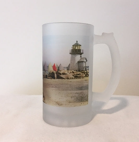 Colorful Frosted Glass Beer Mug of Nantucket's Rainbow Fleet Rounding Brant Point - That Fabled Shore Home Decor