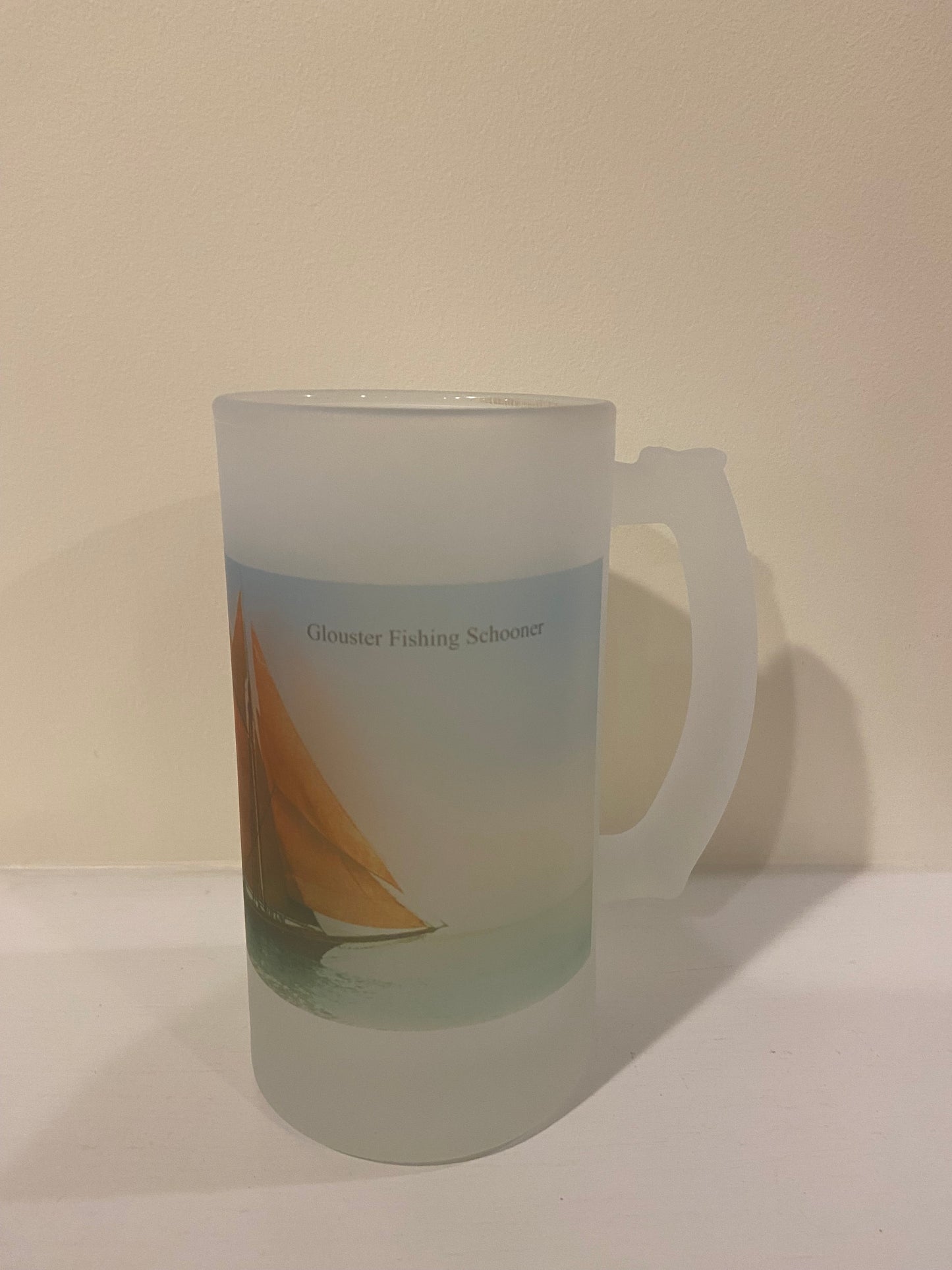 Colorful Frosted Glass Beer Mug Featuring 19th Century Hand Tint of A Gloucester Fishing Schooner