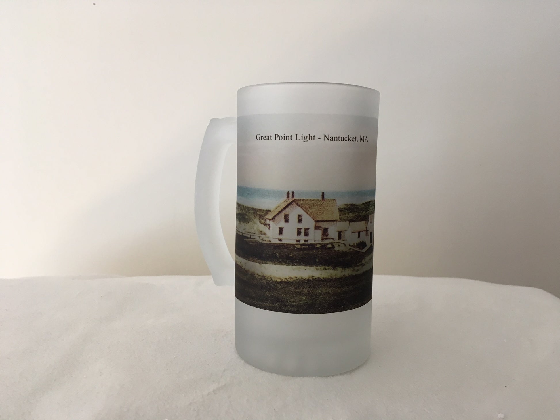 Colorful Frosted Glass Beer Mug of Nantucket's Great Point Light - That Fabled Shore Home Decor