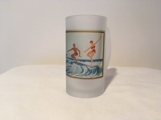 Colorful Frosted Glass Mug of Lady Surfer in Malibu, CA from Serigraph - That Fabled Shore Home Decor