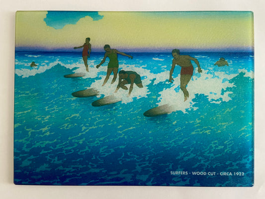 Colorful Surfers Woodcut In Super Hard Tempered Glass Cutting Board
