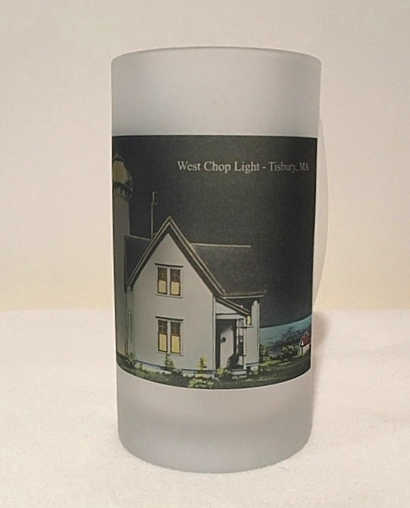 Colorful Frosted Glass Mug of West Chop Light at Night in Tisbury, MA - That Fabled Shore Home Decor