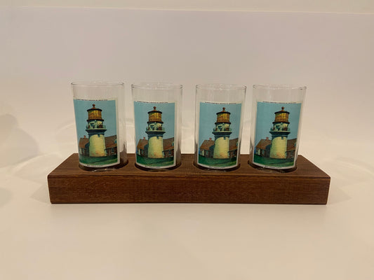 Lighthouse Highballl Cocktail Set Of 4 Glasses With Mahogony Carrier