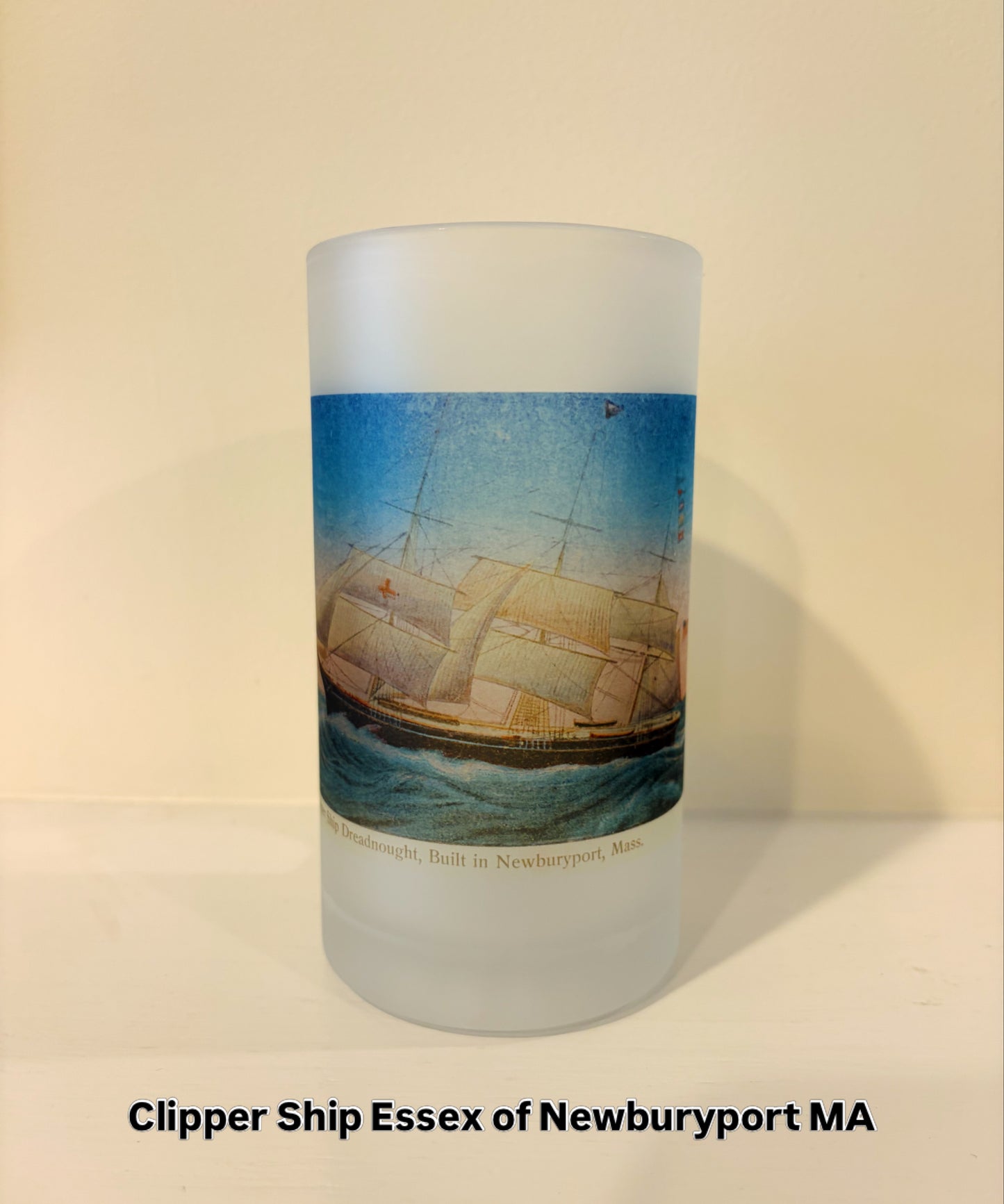 Colorful Frosted Glass Beer Mug Of Clipper Ship Essex Of Newburyport, MA