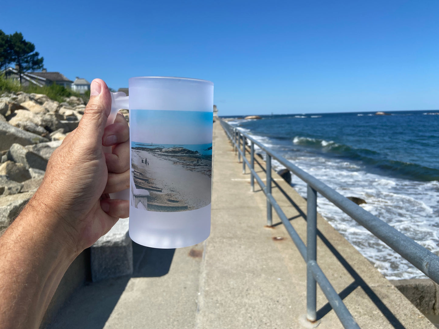 Colorful Frosted Glass Beer Mug Of North Scituate Beach in Minot, MA Looking Toward Well Rock