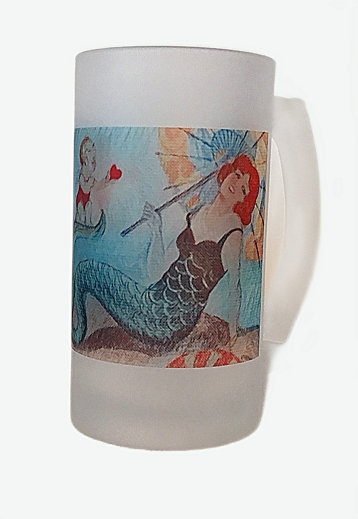 Art Deco Mermaid and Cupid Frosted Glass Beer Mug