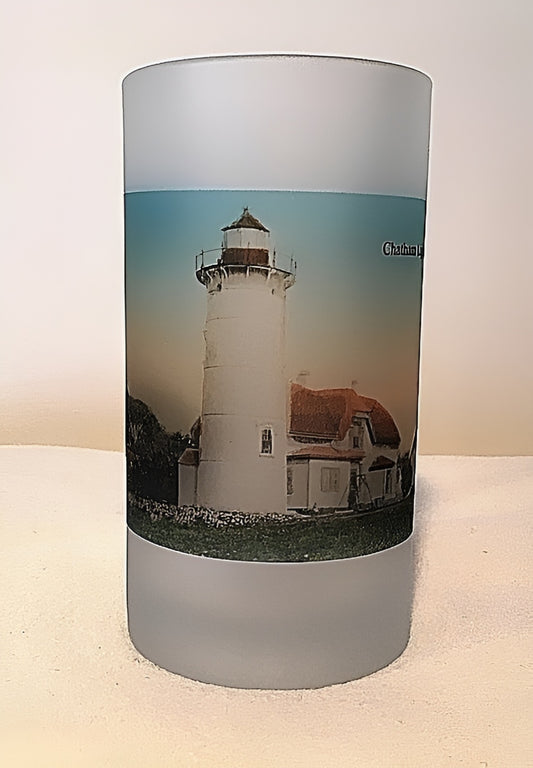 Colorful Frosted Glass Mug Of Chatham Lighthouse in Chatham, MA