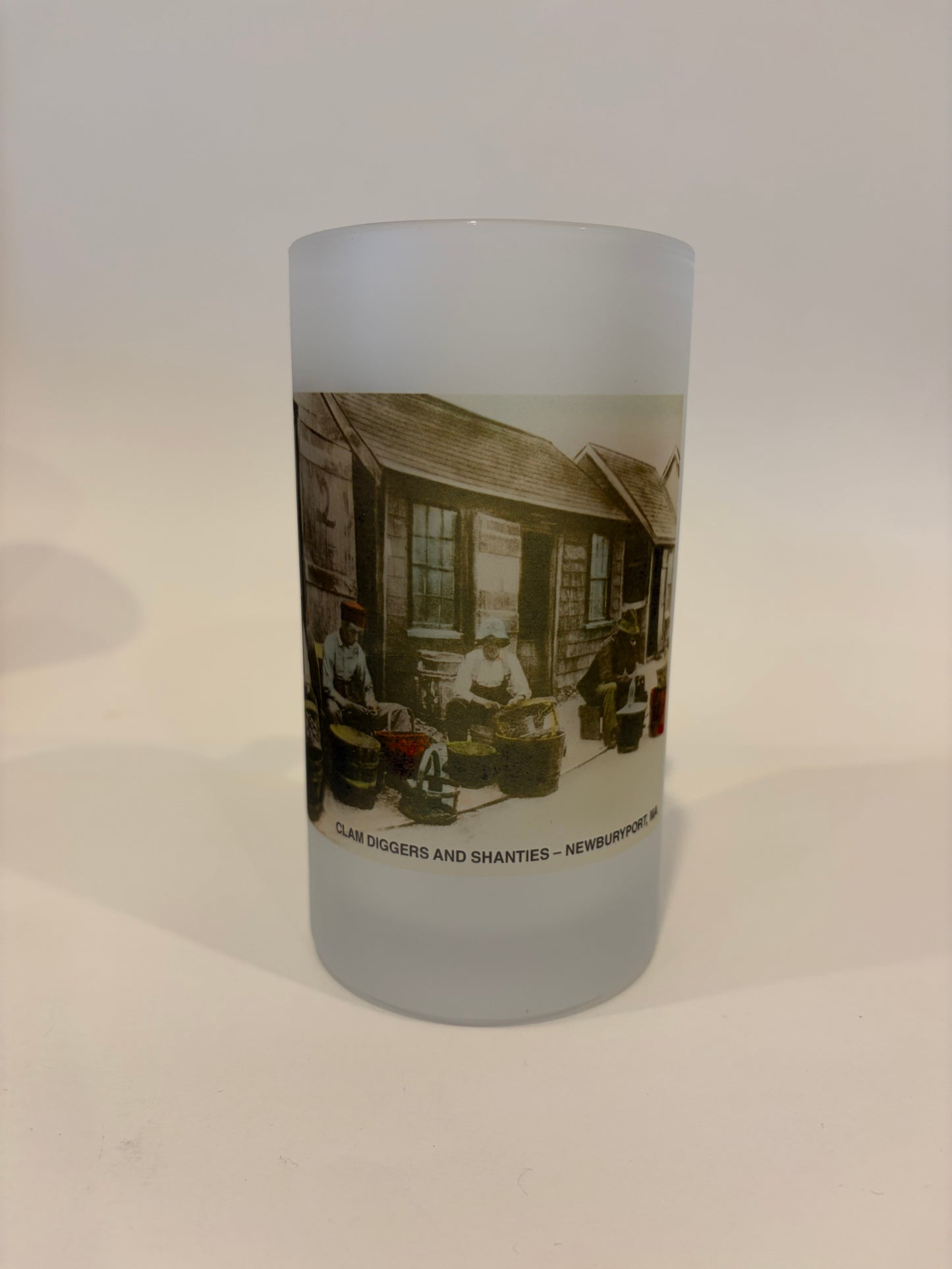 Colorful Frosted Glass Beer Mug Of Clam Shuckers in Newburyport, MA