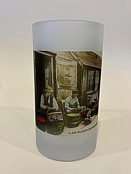 Colorful Frosted Glass Beer Mug Of Clam Shuckers in Newburyport, MA