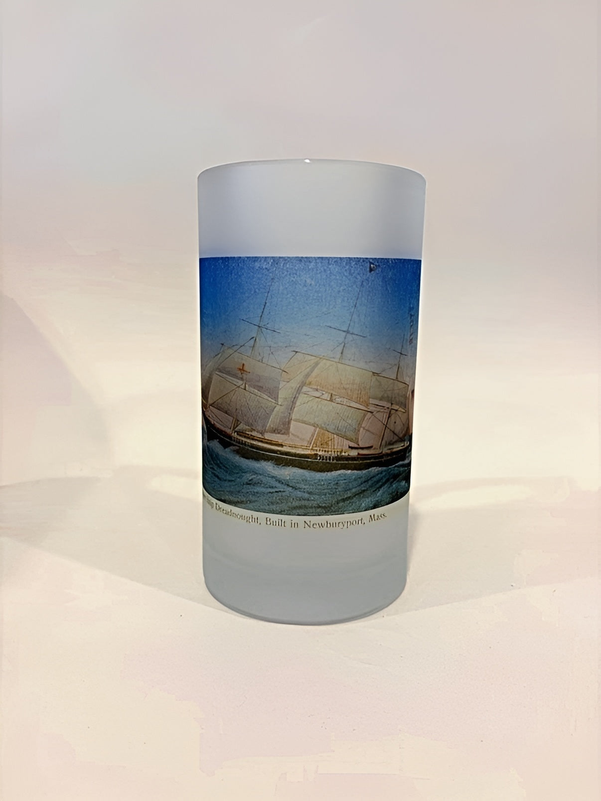 Colorful Frosted Glass Beer Mug Of Clipper Ship Essex Of Newburyport, MA