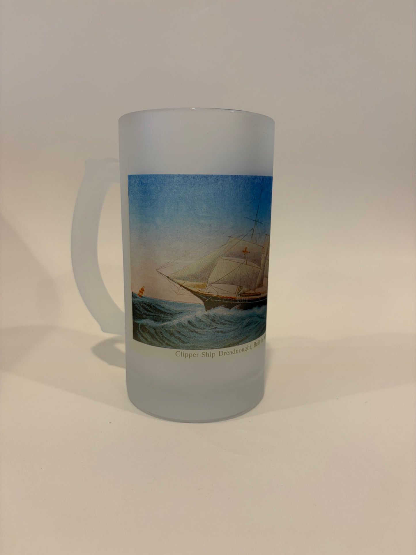 Colorful Frosted Glass Beer Mug Of Clipper Ship Essex Of Newburyport, MA