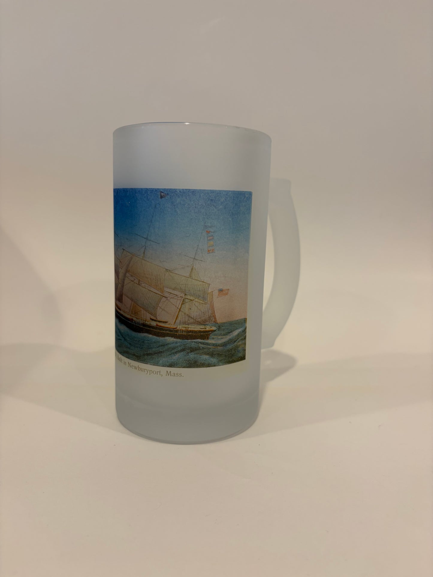 Colorful Frosted Glass Beer Mug Of Clipper Ship Essex Of Newburyport, MA