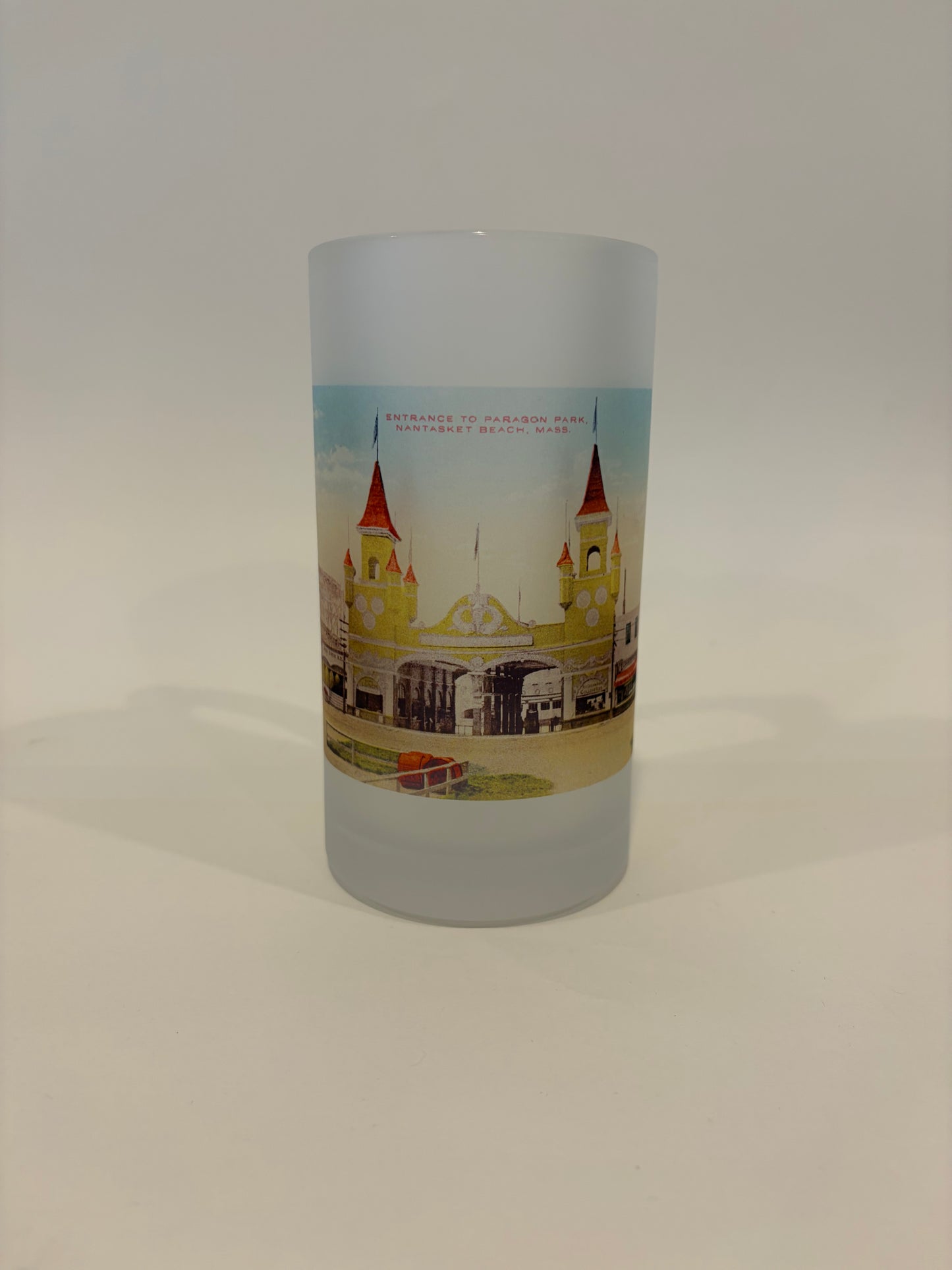 Colorful Frosted Glass Beer Mug Of Early Paragon Park Entrance At Nantasket Beach - Circa 1900