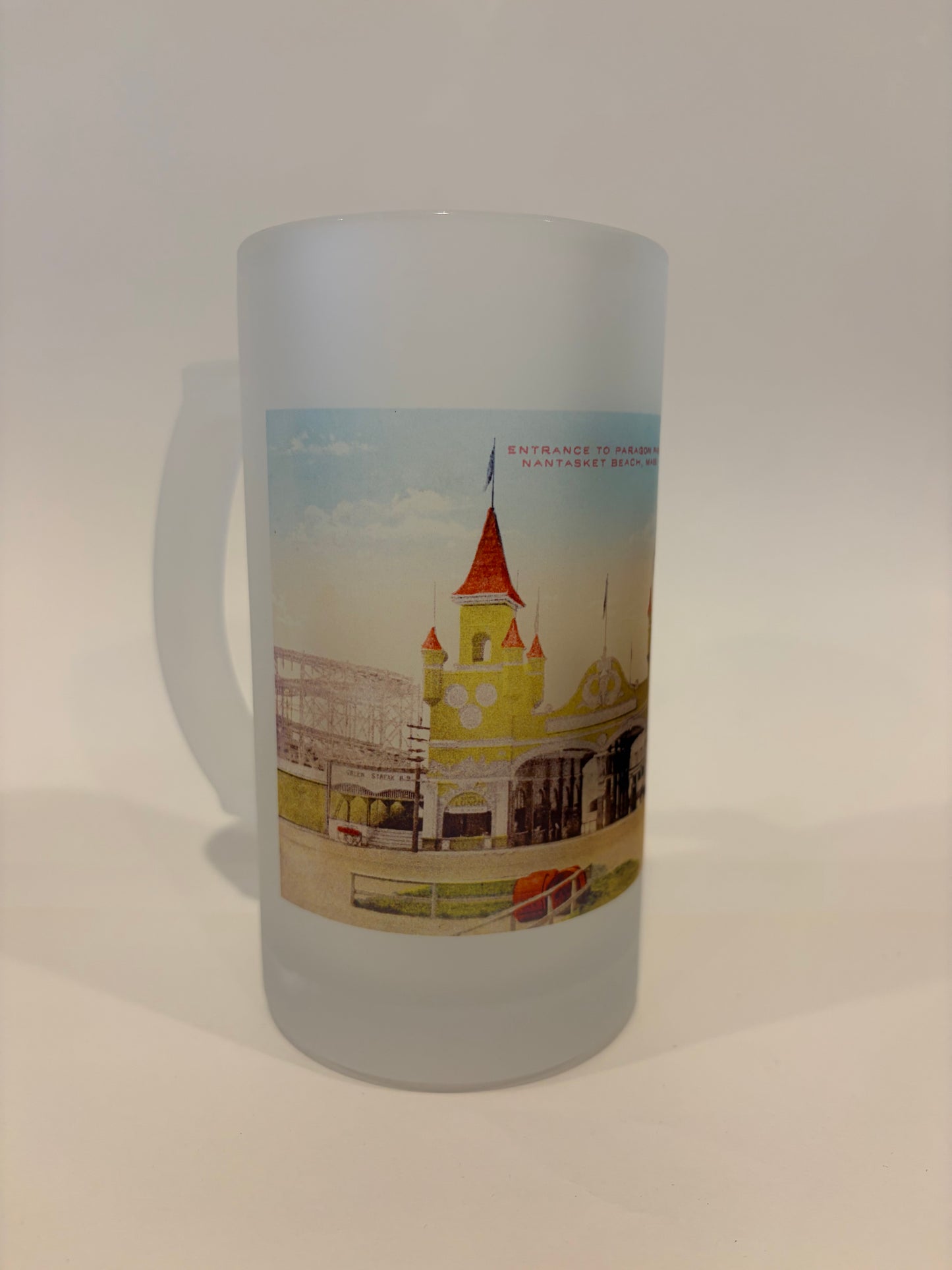 Colorful Frosted Glass Beer Mug Of Early Paragon Park Entrance At Nantasket Beach - Circa 1900