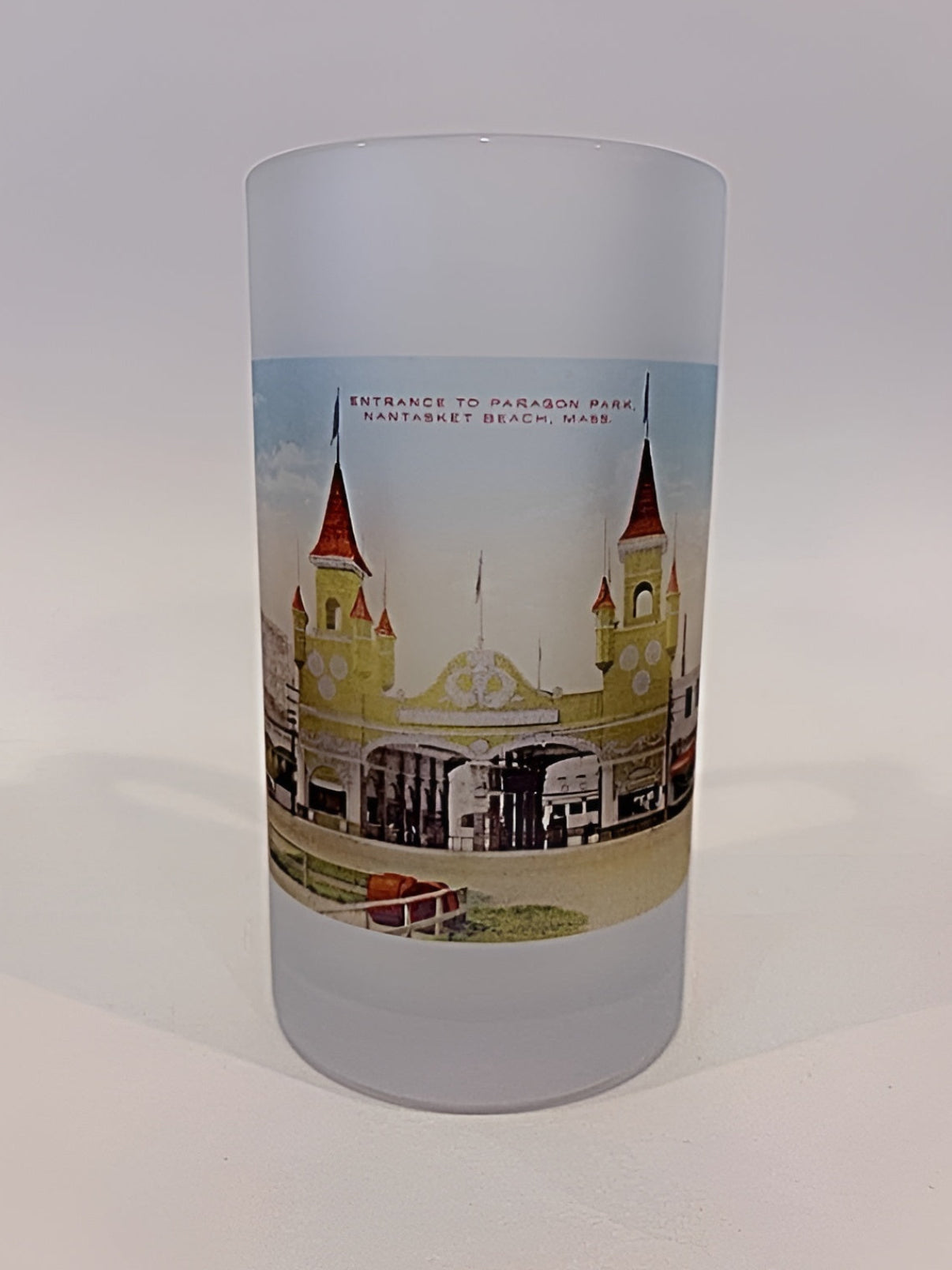 Colorful Frosted Glass Beer Mug Of Early Paragon Park Entrance At Nantasket Beach - Circa 1900