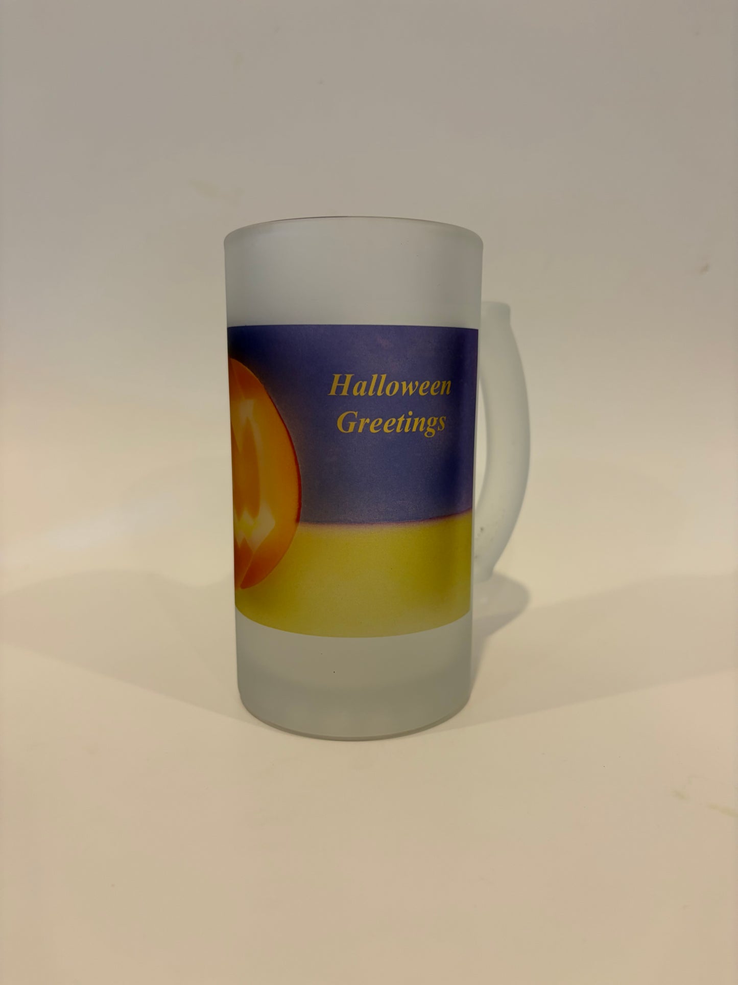 Jack O'Lantern Pumpkin With Halloween Greetings As A Frosted Glass Beer Mug