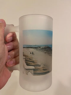 Colorful Frosted Glass Beer Mug Of North Scituate Beach in Minot, MA Looking Toward Well Rock