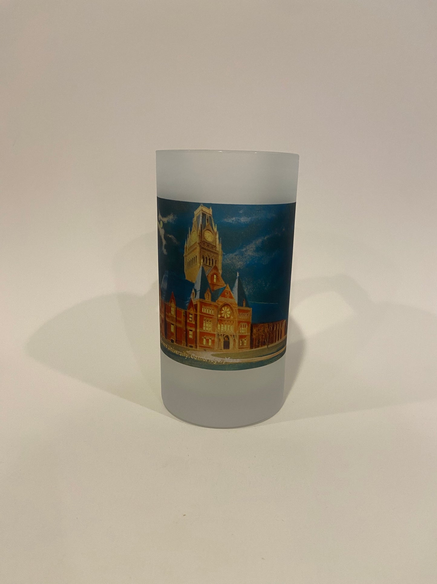 Colorful Frosted Glass Beer Mug of Harvard's Memorial Hall in Cambridge, MA