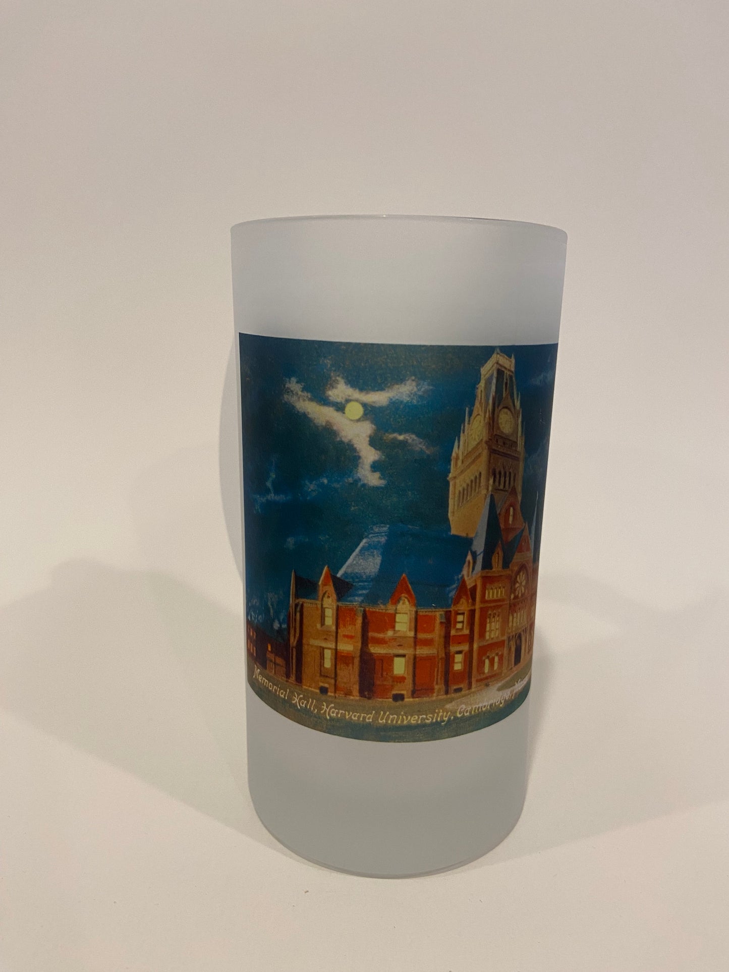 Colorful Frosted Glass Beer Mug of Harvard's Memorial Hall in Cambridge, MA