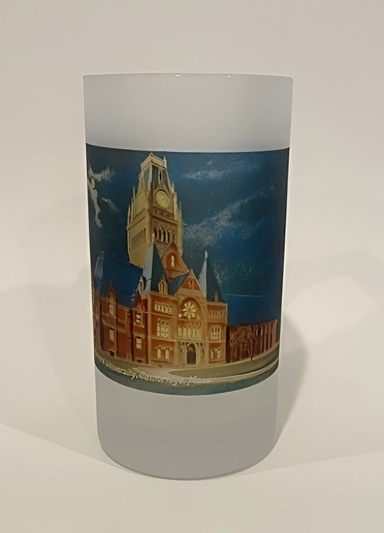 Tumbler with a printed design of a clock tower on a white background