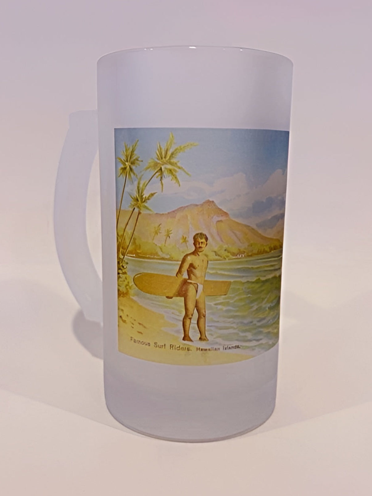 Frosted Glass Mug with image of Hawaiian Surfer