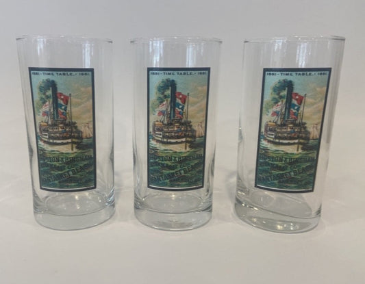 Colorful Hingham Steamship Timetable Highball Glasses Sold In Sets of 4.