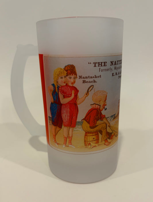 Candle with a vintage-style label featuring children and text on a white background