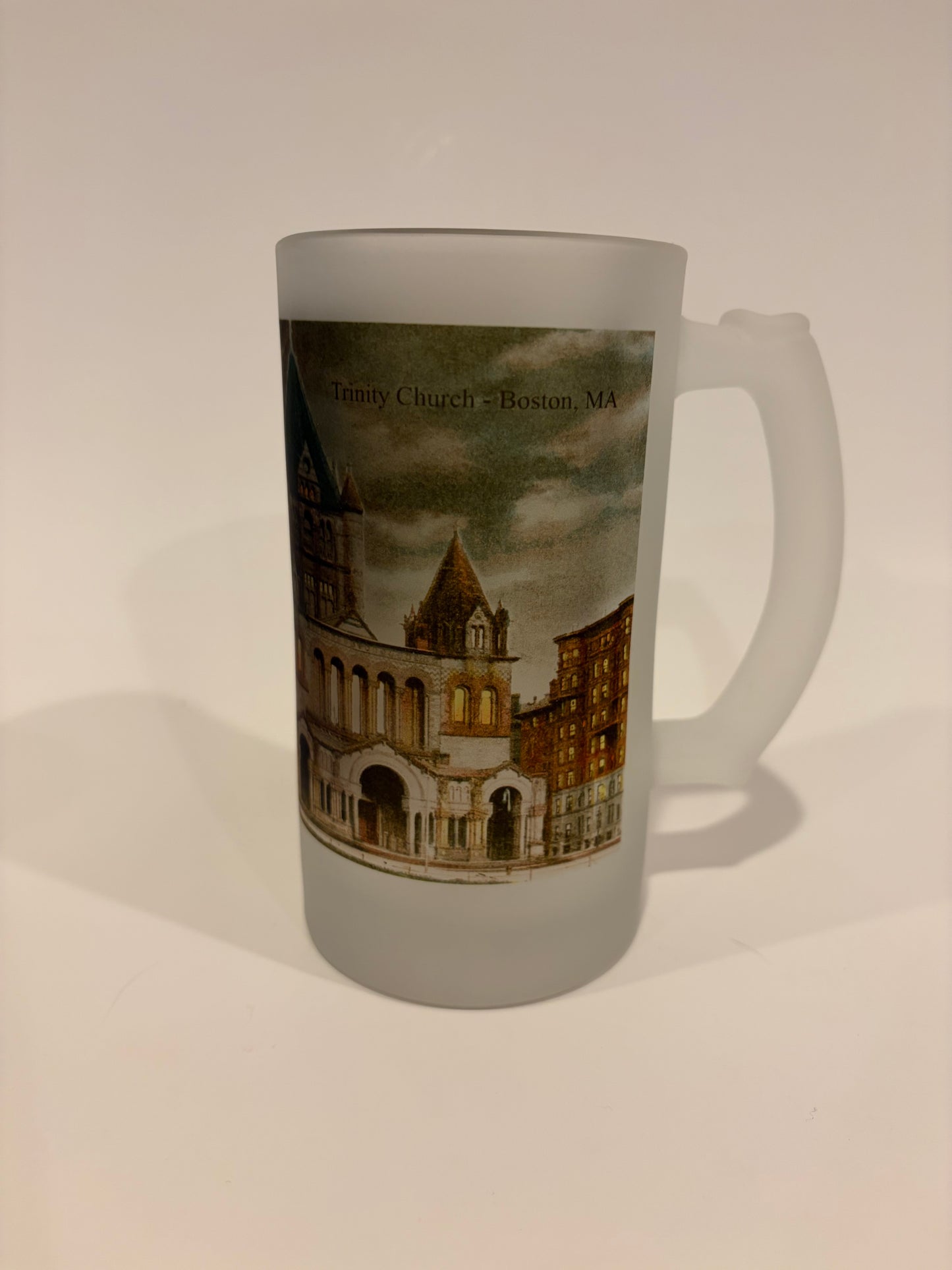 Colorful Frosted Glass Beer Mug Of Boston's Trinity Church At Night