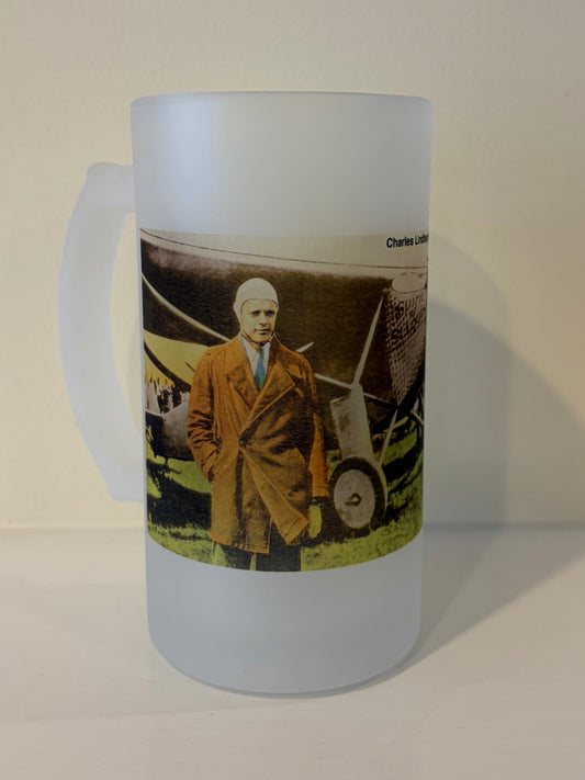 Frosted glass mug of 1920s aviator Charles Lindbergh.
