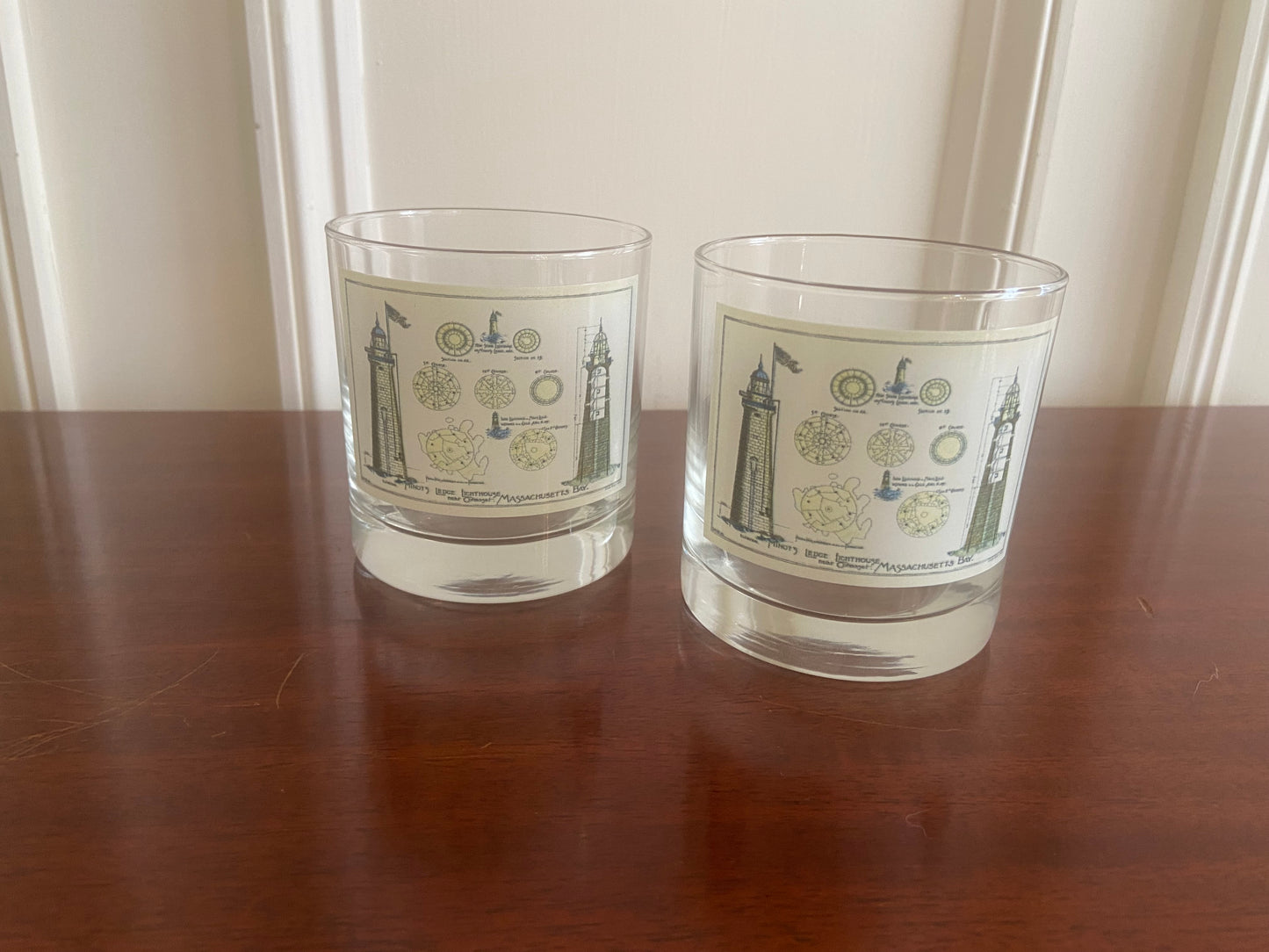 Minot Light Rocks Glass Sets Of (2) And (4) Glasses Featuring Famous Lighthouse's Architectural Diagram
