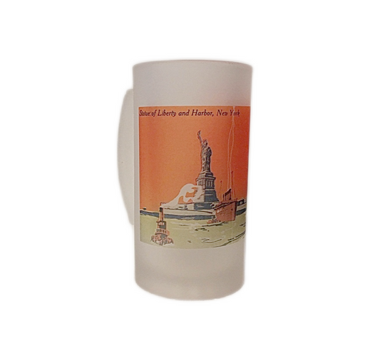 Colorful Frosted Glass Mug Featuring Art Nouveau Illustration of New York Harbor and Statue of Liberty
