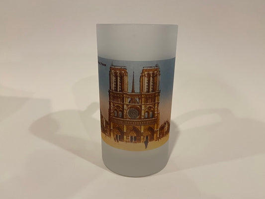 Frosted glass tumbler with a design of a famous landmark on a plain background