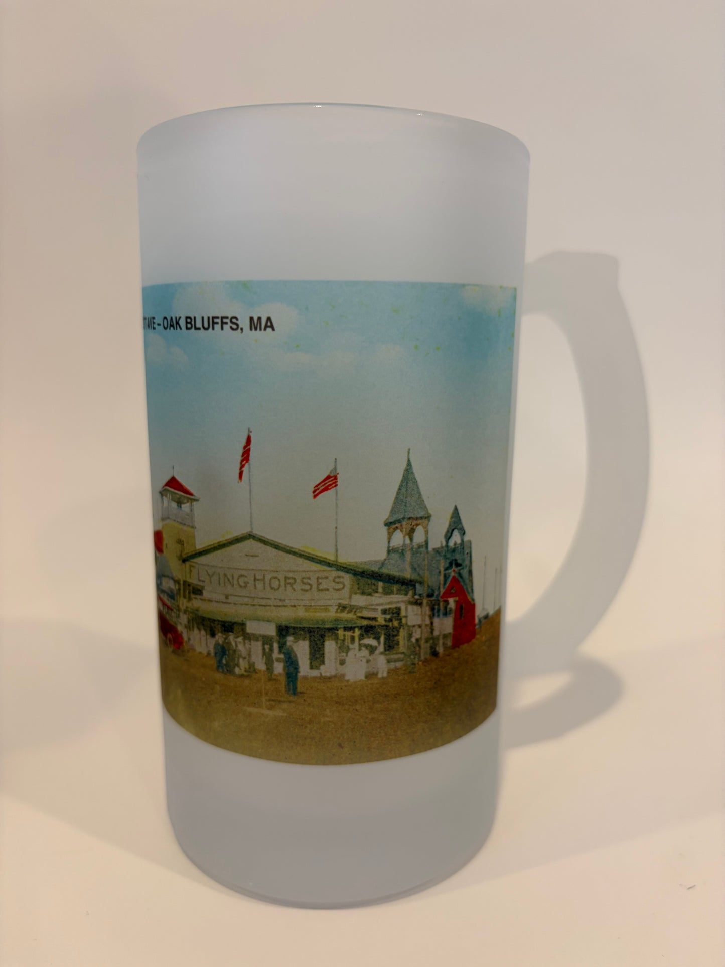 Colorful Frosted Glass Beer Mug of Martha's Vineyard's Historic Flying Horses Carousel