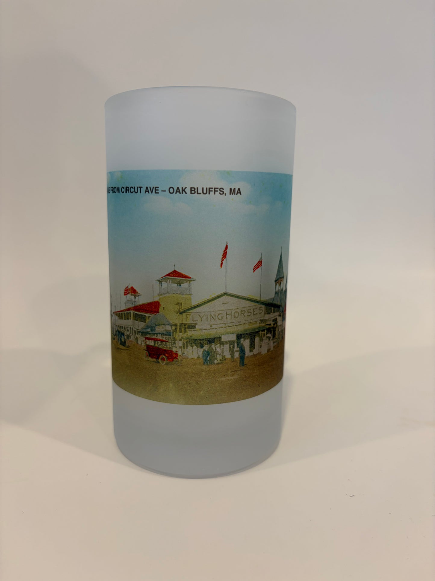 Colorful Frosted Glass Beer Mug of Martha's Vineyard's Historic Flying Horses Carousel