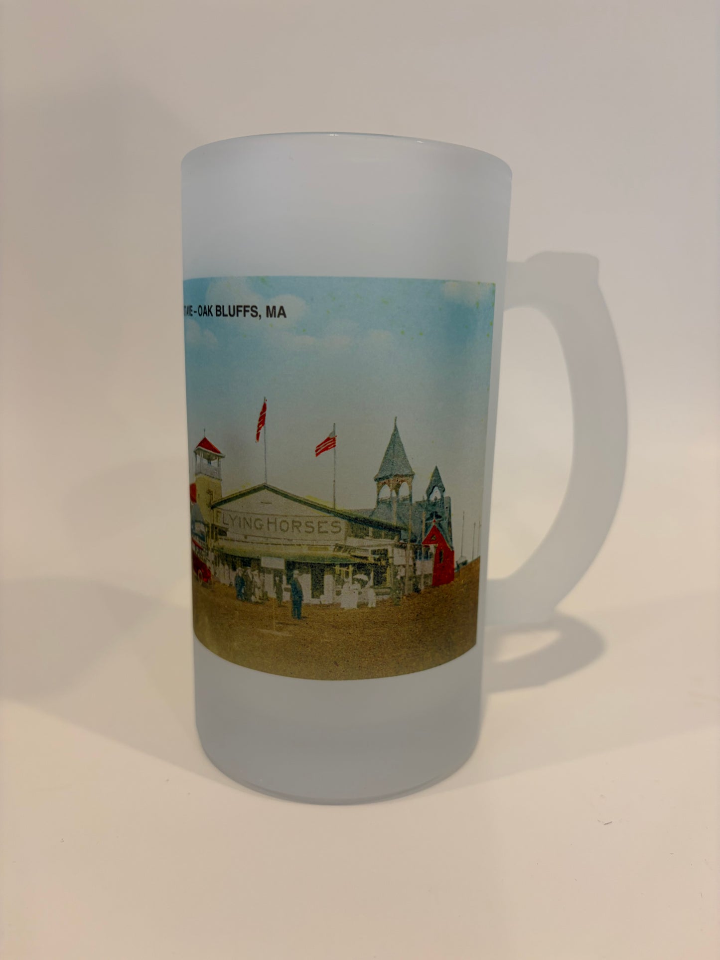Colorful Frosted Glass Beer Mug of Martha's Vineyard's Historic Flying Horses Carousel