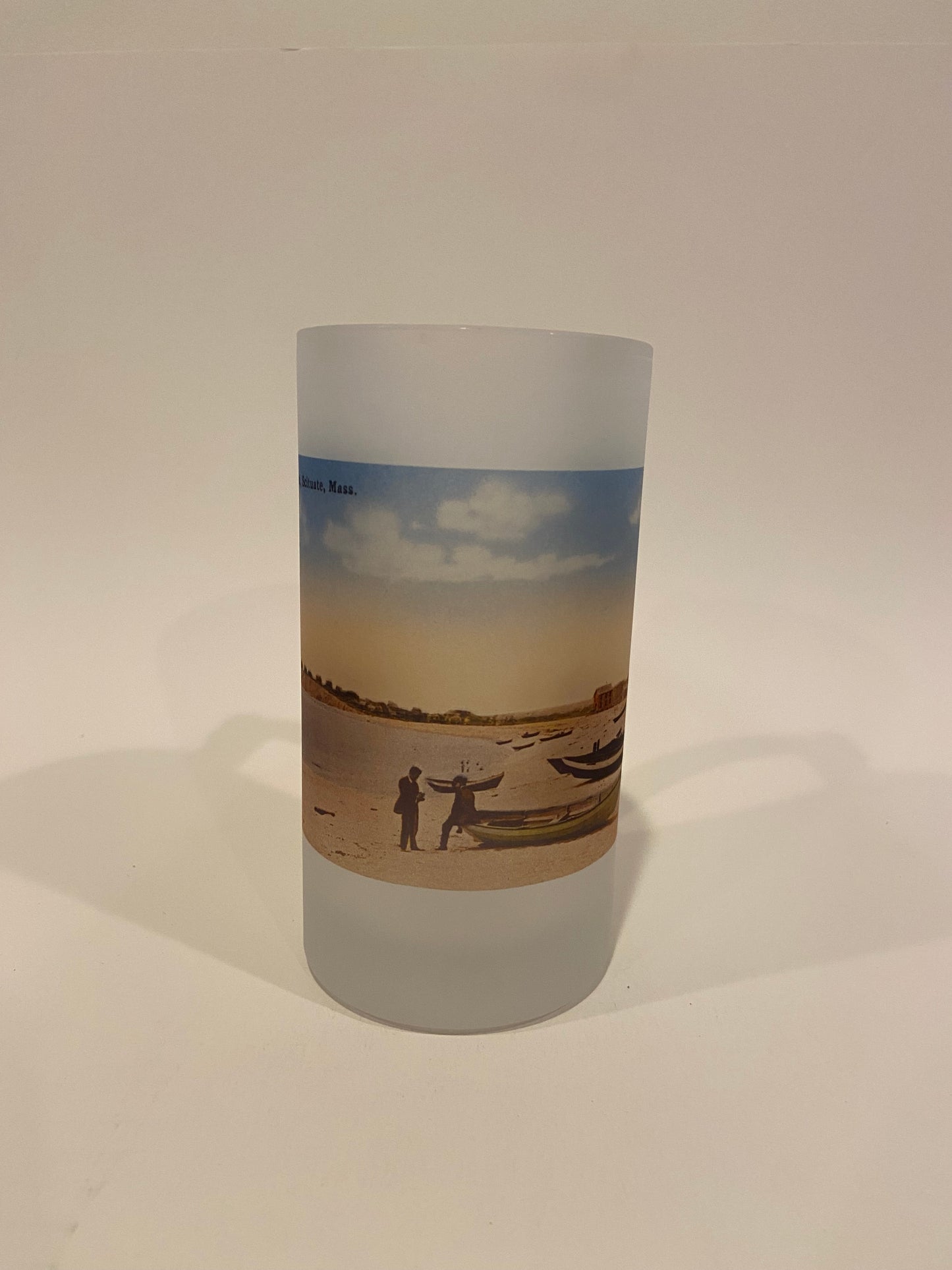 Colorful Frosted Glass Beer Mug of Peggotty Beach in Scituate, MA - Circa 1910.
